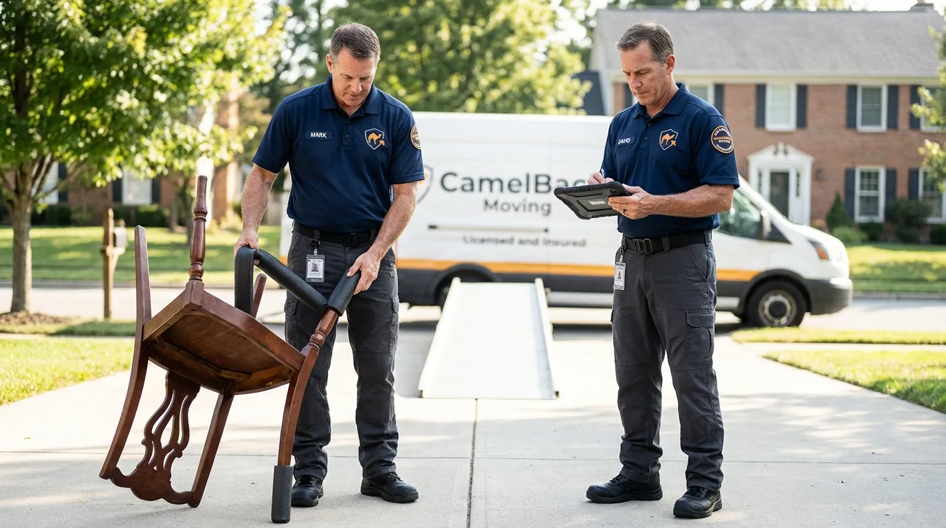 Movers inspecting furniture for damage prevention before loading in La Center, WA